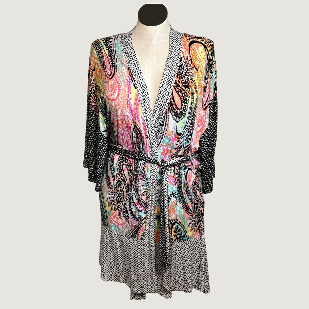 Ellen Tracy Kimono Robe L/XL Multicolor Paisley Mix Print Resortwear Boho Artsy